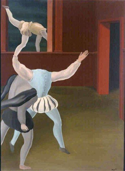 Two pale figures leaning and extending their arms inside a dark interior.